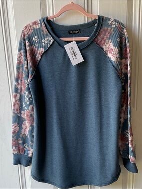 HEIMISH USA Blue Floral Raglan Sweatshirt with Pink Accents
